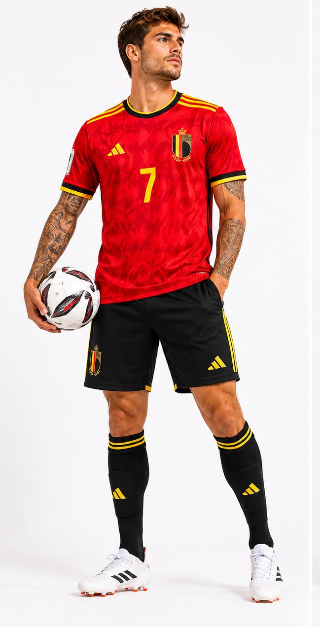 Belgium Inspired Red Football Jersey & Black Shorts Set – No.7 Edition
