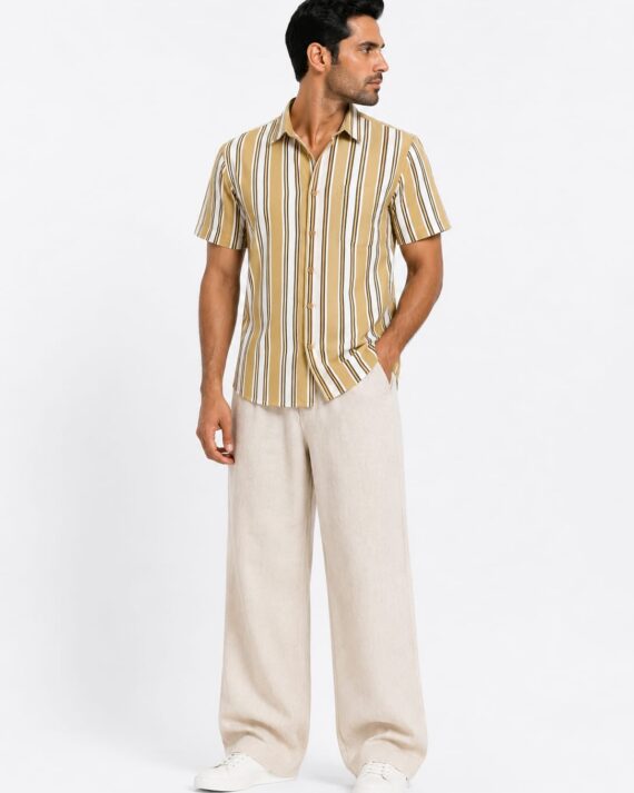 Men’s Sand Beige Vertical Stripe Casual Shirt
