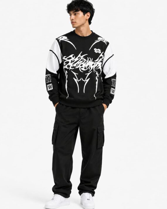 Men’s Monochrome Graphic Streetwear Sweatshirt – Oversized Urban Crewneck