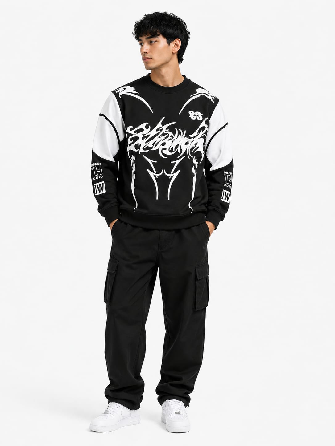 Men’s Monochrome Graphic Streetwear Sweatshirt – Oversized Urban Crewneck