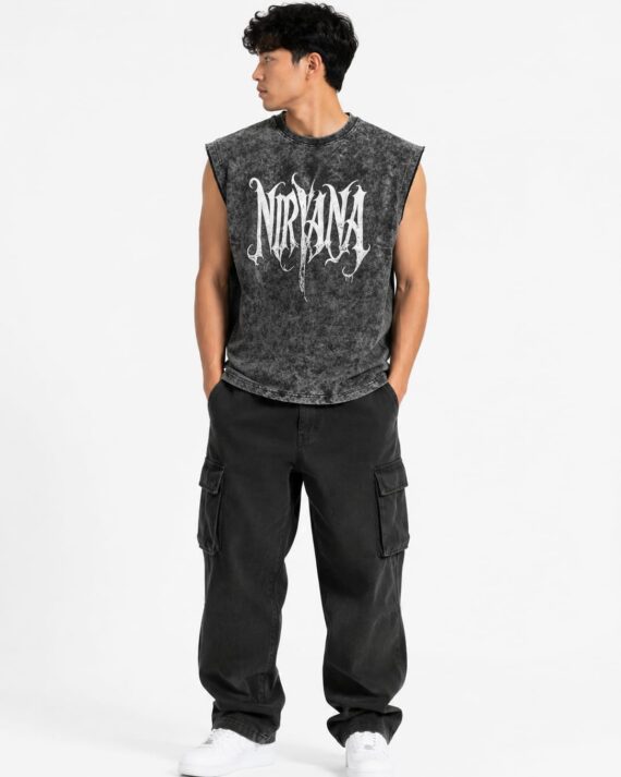 Men’s Vintage Wash Sleeveless Gothic Graphic Tank Top – Charcoal Streetwear Muscle Tee
