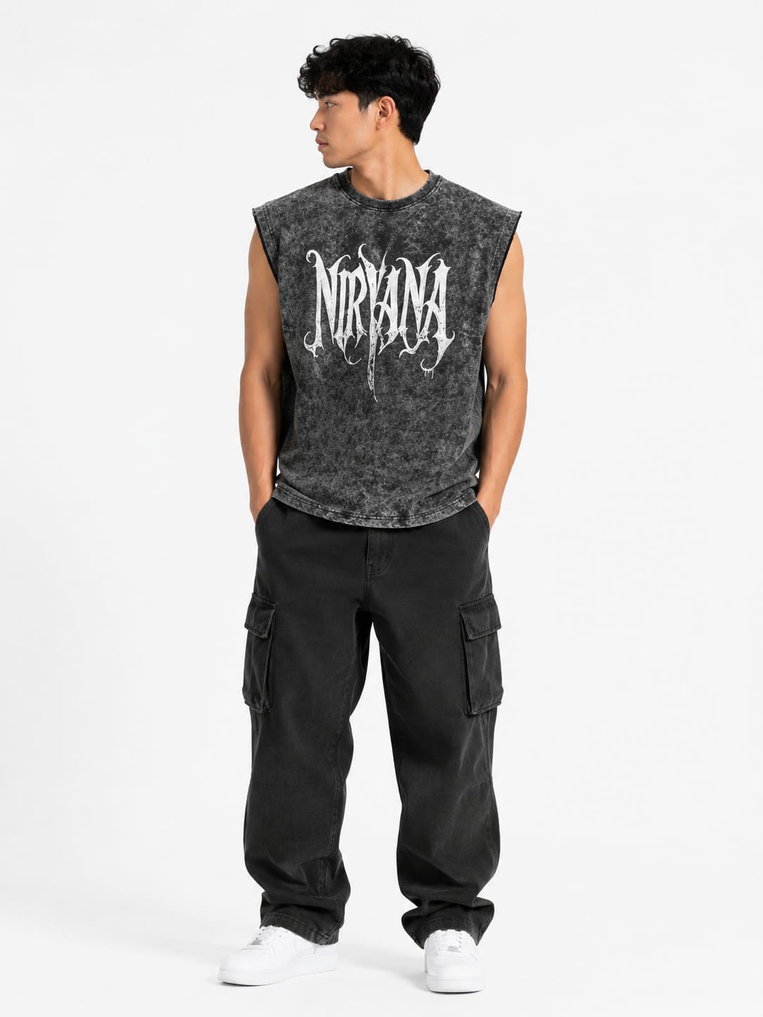 Men’s Vintage Wash Sleeveless Gothic Graphic Tank Top – Charcoal Streetwear Muscle Tee
