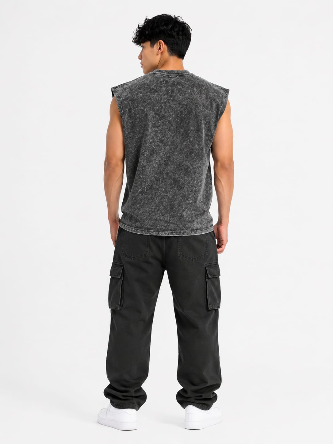 Men’s Vintage Wash Sleeveless Gothic Graphic Tank Top – Washed Black Oversized Streetwear Tee - Image 2