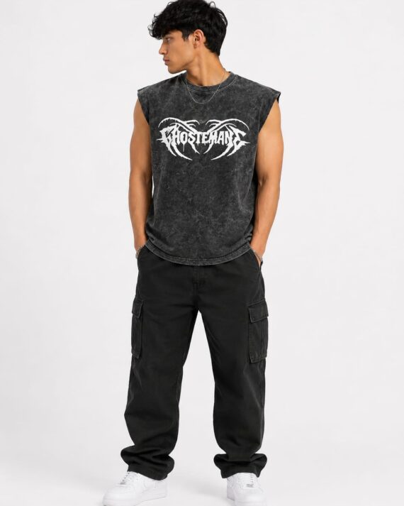 Men’s Vintage Wash Sleeveless Gothic Graphic Tank Top – Washed Black Oversized Streetwear Tee