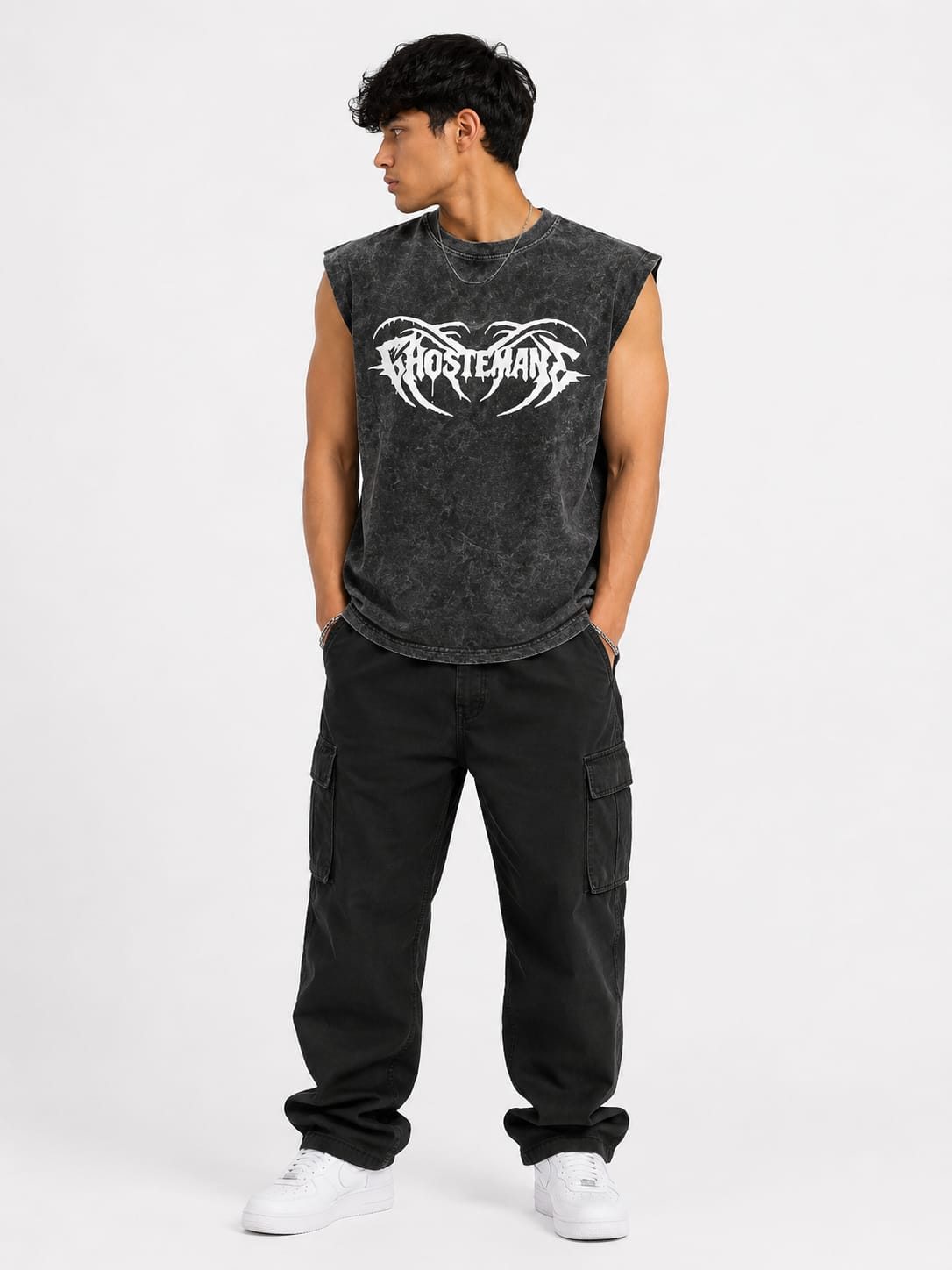 Men’s Vintage Wash Sleeveless Gothic Graphic Tank Top – Washed Black Oversized Streetwear Tee