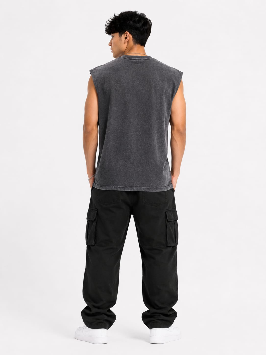 Men’s Vintage Wash Sleeveless Gothic Graphic Tank Top – Charcoal Streetwear Muscle Tee - Image 2