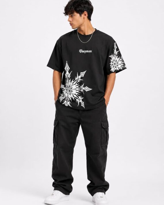 Men’s Gothic Snowflake Oversized Graphic T-Shirt – Black Streetwear Statement Tee