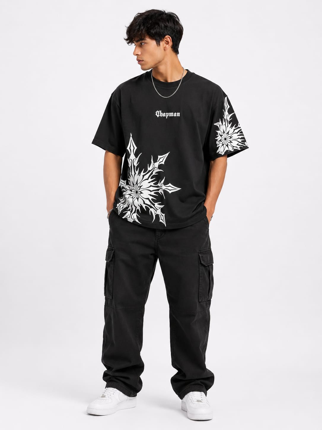 Men’s Gothic Snowflake Oversized Graphic T-Shirt – Black Streetwear Statement Tee