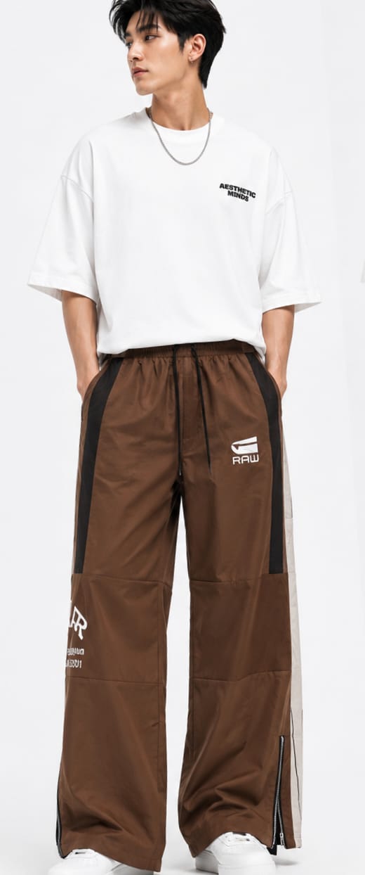 Men’s Brown Wide-Leg Utility Track Pants – Relaxed Fit Streetwear Trousers