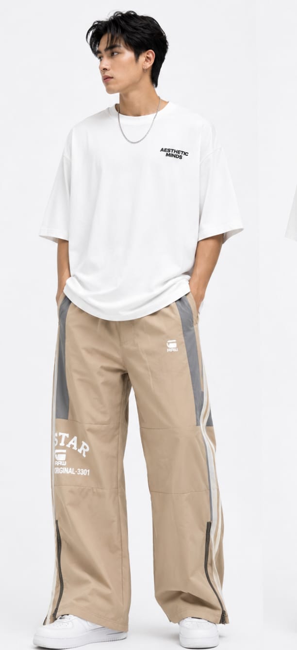 Men’s Beige Utility Wide-Leg Cargo Pants – Relaxed Streetwear Trousers