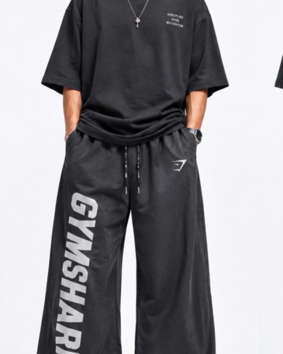 Men’s Oversized Gymshark Wide-Leg Track Pants – Black Streetwear Joggers