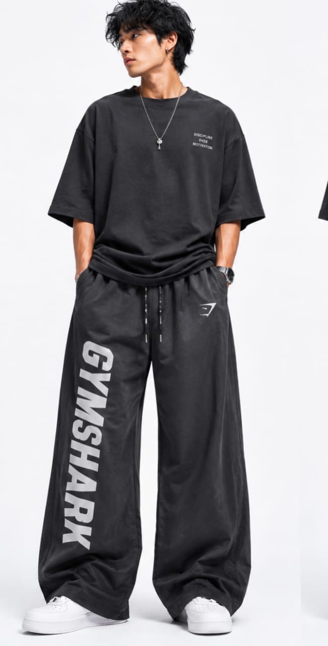 Men’s Oversized Gymshark Wide-Leg Track Pants – Black Streetwear Joggers