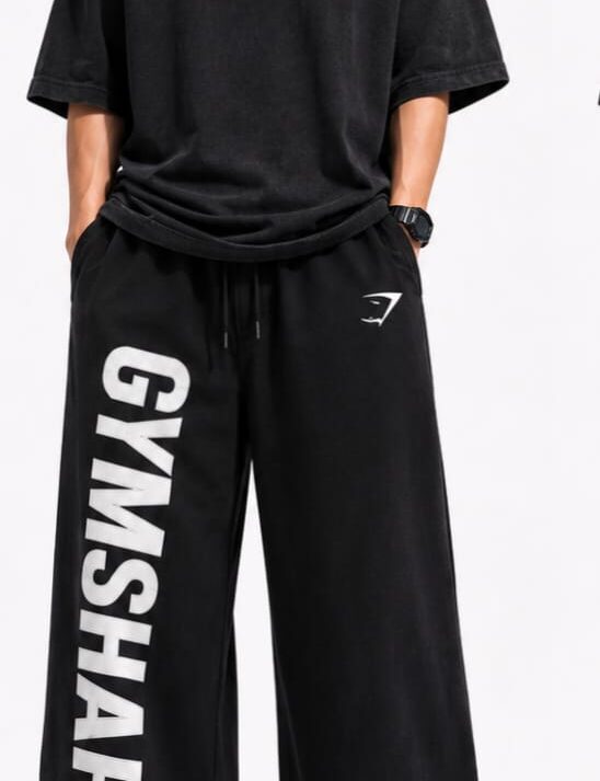 Men’s Gymshark Inspired Oversized Wide-Leg Joggers – Black Streetwear Track Pants