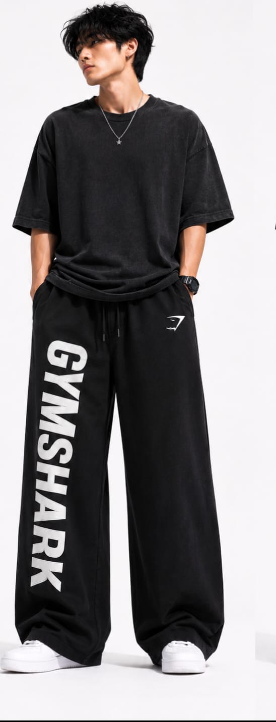 Men’s Gymshark Inspired Oversized Wide-Leg Joggers – Black Streetwear Track Pants