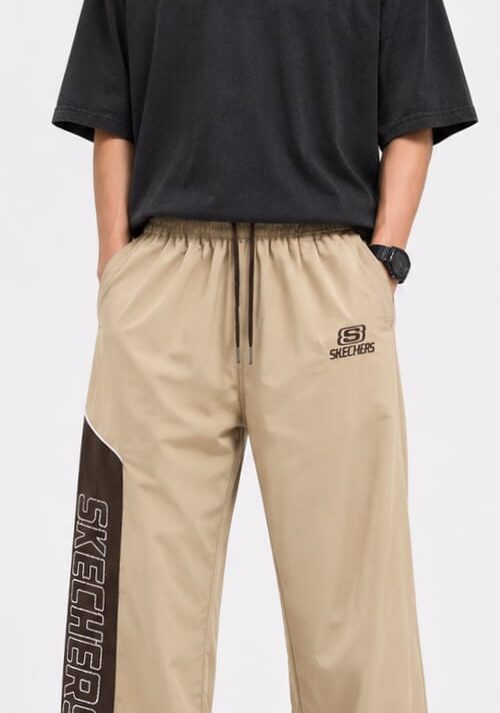 Men’s Relaxed Fit Wide-Leg Track Pants – Beige Casual Streetwear Joggers