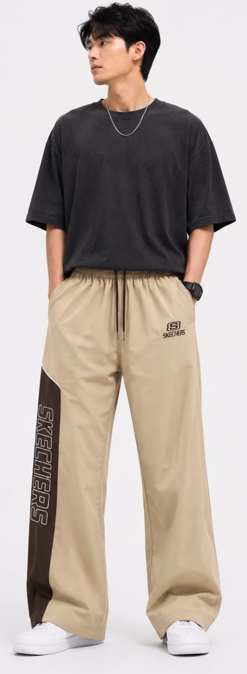 Men’s Relaxed Fit Wide-Leg Track Pants – Beige Casual Streetwear Joggers