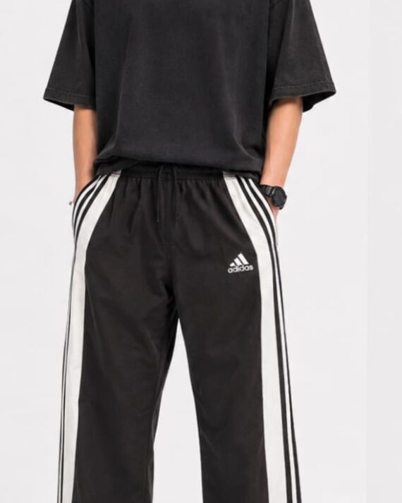 Men’s Black Wide-Leg Track Pants with Side Stripes – Retro Streetwear Joggers