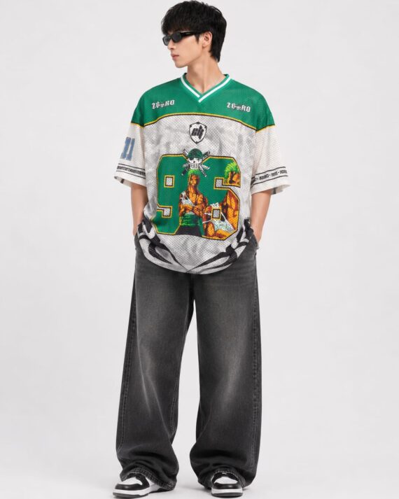 Men’s Zoro 93 Anime Oversized Mesh Football Jersey – White & Green