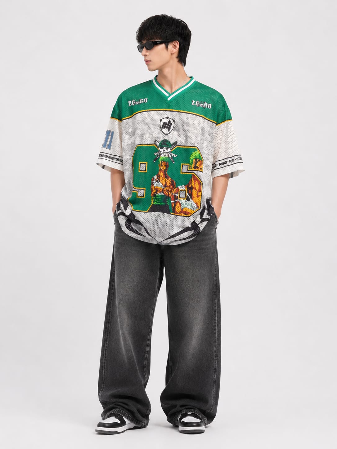 Men’s Zoro 93 Anime Oversized Mesh Football Jersey – White & Green