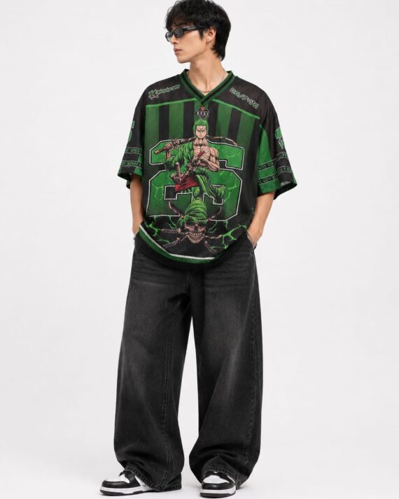 Men’s Zoro Anime Oversized Mesh Jersey T-Shirt – Green & Black