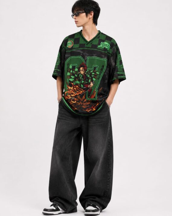 Men’s Tanjiro Anime Oversized Mesh Jersey T-Shirt – Green & Black