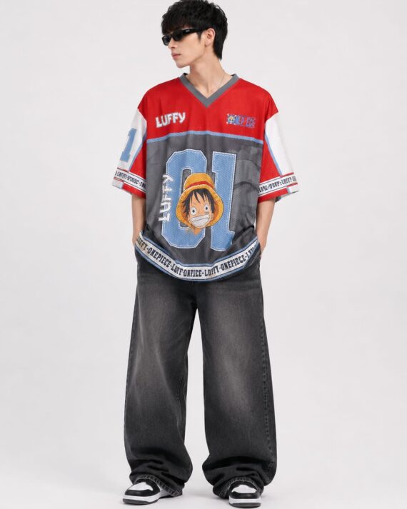 Luffy 01 Anime Mesh Oversized Jersey Tee – Red & Grey