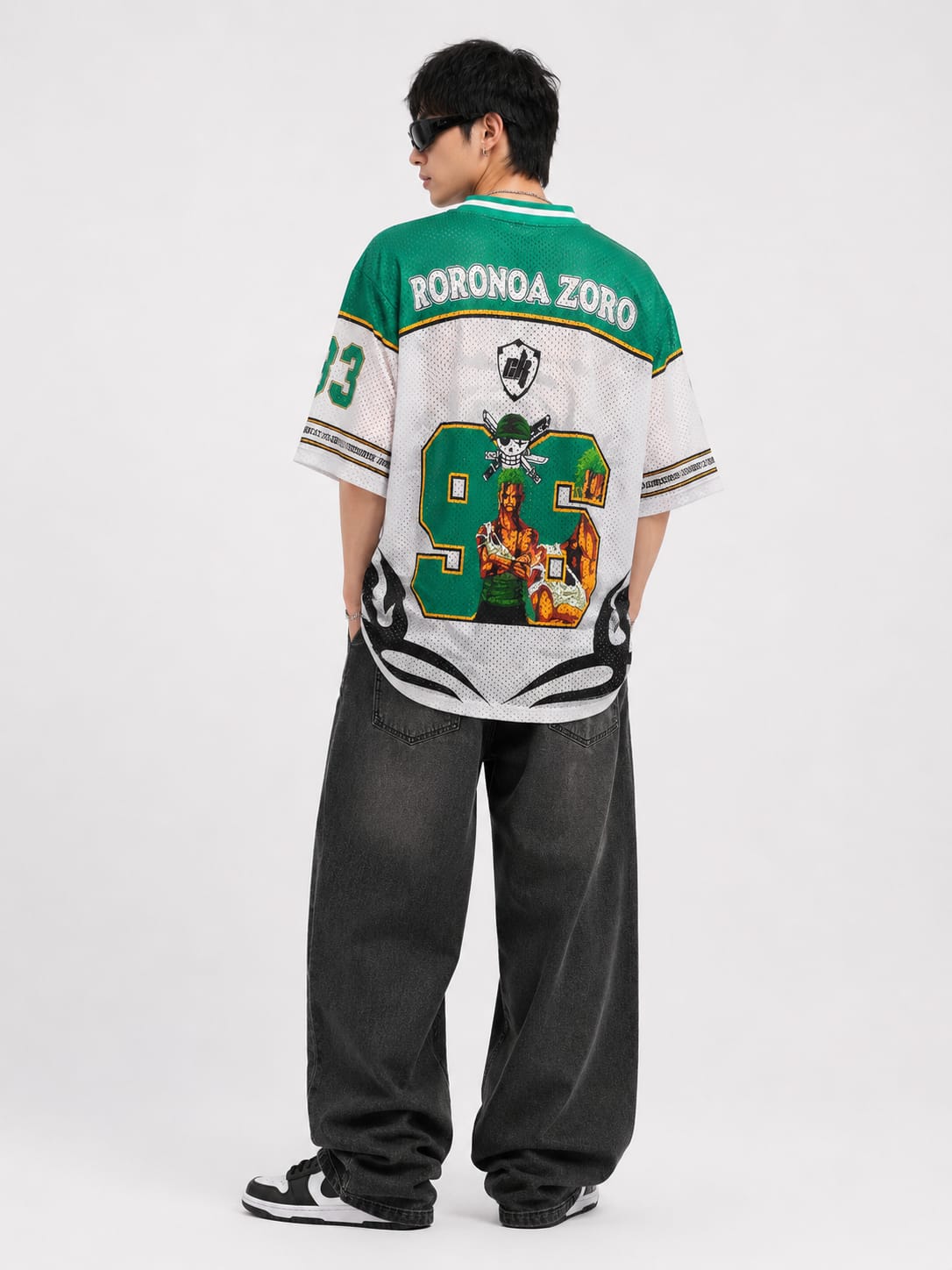 Men’s Zoro 93 Anime Oversized Mesh Football Jersey – White & Green - Image 2