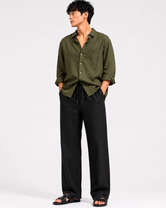Men’s Premium Linen Blend Drawstring Trousers – Jet Black