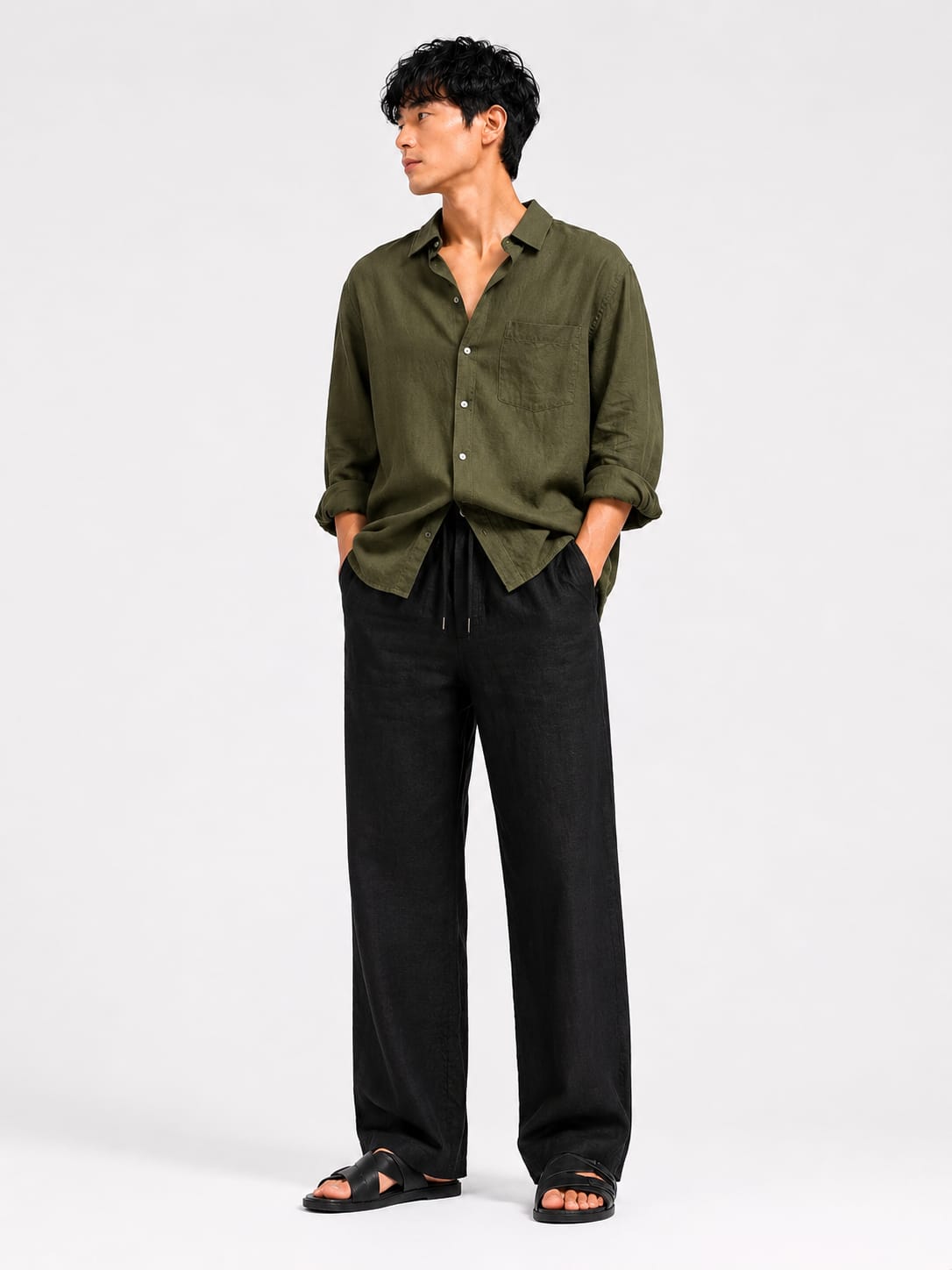 Men’s Premium Linen Blend Drawstring Trousers – Jet Black