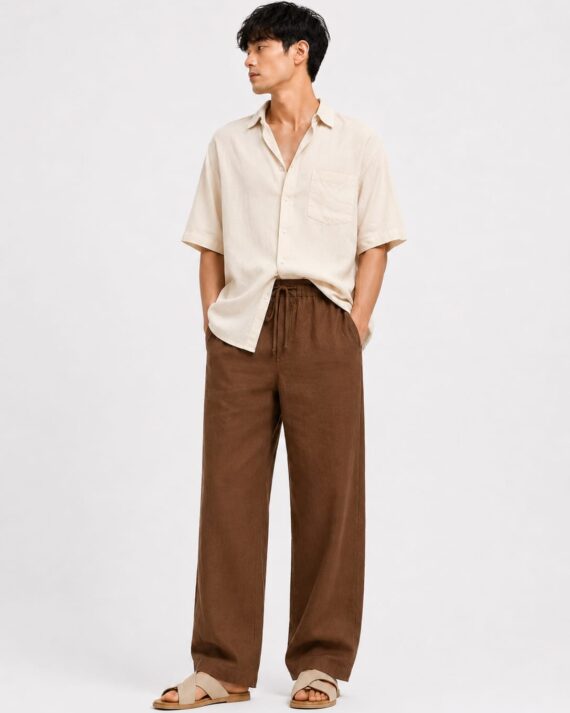 Men’s Premium Linen Blend Drawstring Trousers – Cocoa Brown