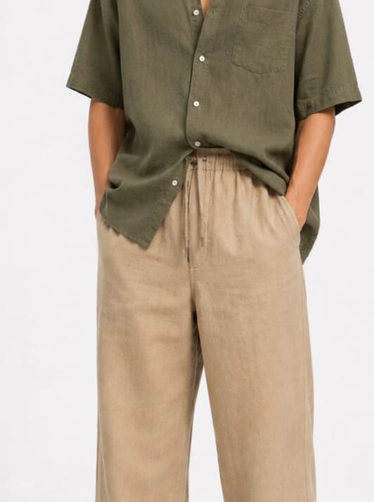 Men’s Premium Linen Blend Drawstring Trousers – Sand Beige