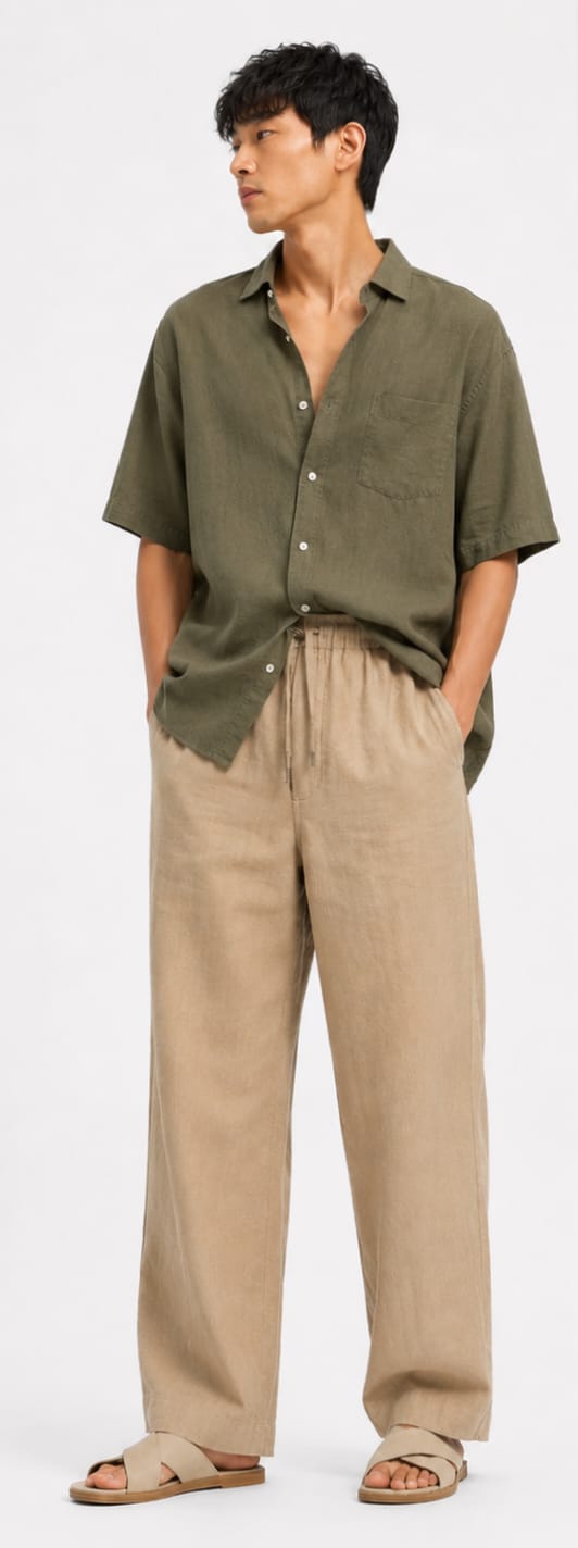 Men’s Premium Linen Blend Drawstring Trousers – Sand Beige