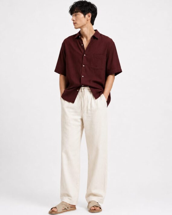 Men’s Premium Linen Blend Drawstring Trousers – Natural Cream