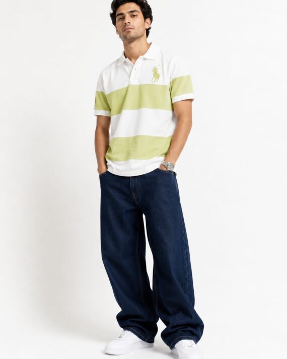 Men's Pastel Stripe Polo T-Shirt – White & Lime Green