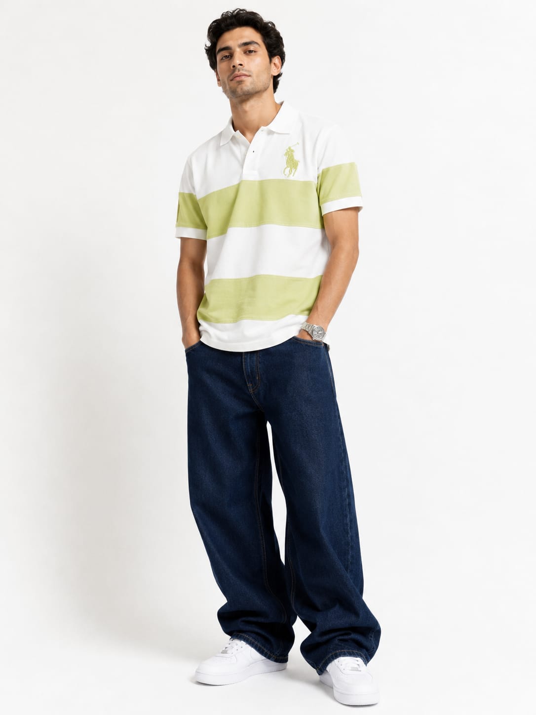 Men's Pastel Stripe Polo T-Shirt – White & Lime Green