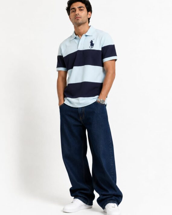 Men's Classic Rugby Stripe Polo T-Shirt – Sky Blue & Navy