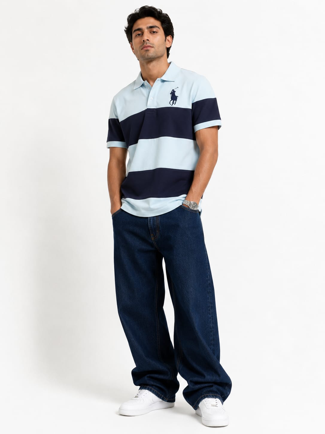 Men's Classic Rugby Stripe Polo T-Shirt – Sky Blue & Navy