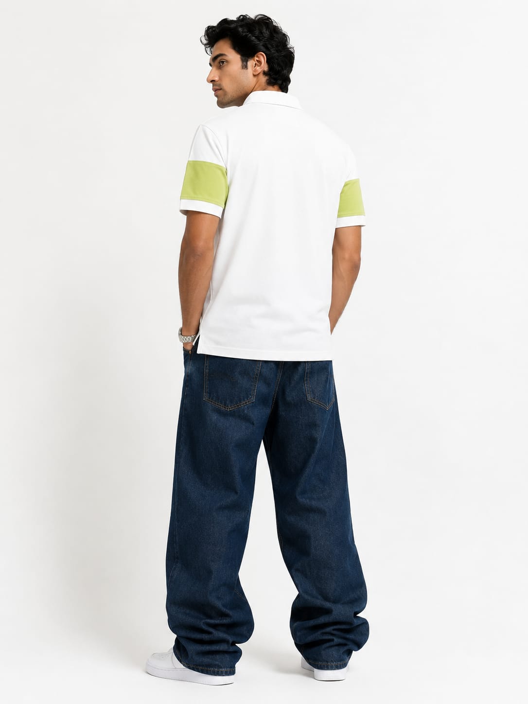 Men's Pastel Stripe Polo T-Shirt – White & Lime Green - Image 2