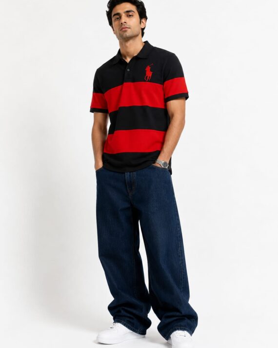 Men's Bold Rugby Stripe Polo T-Shirt – Black & Red