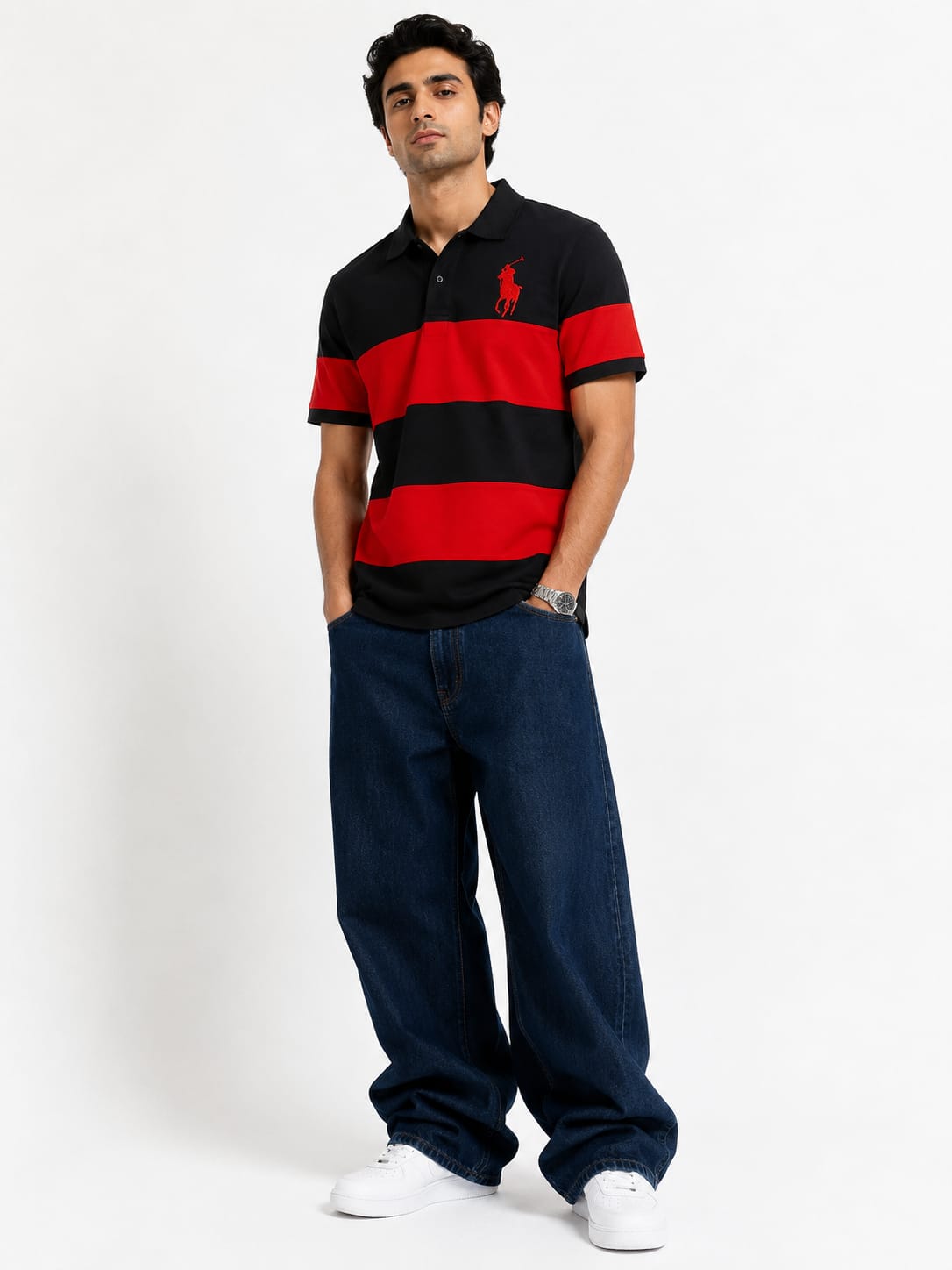 Men's Bold Rugby Stripe Polo T-Shirt – Black & Red