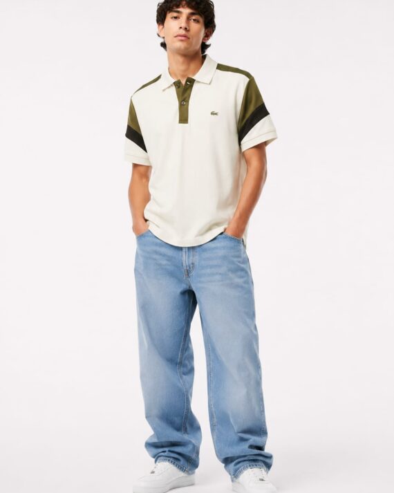 Men's Contrast Panel Polo T-Shirt – Off White & Olive Green