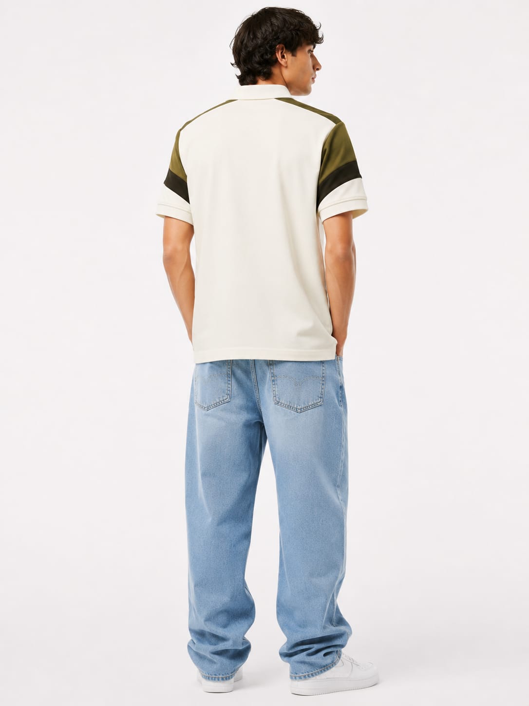 Men's Contrast Panel Polo T-Shirt – Off White & Olive Green - Image 2