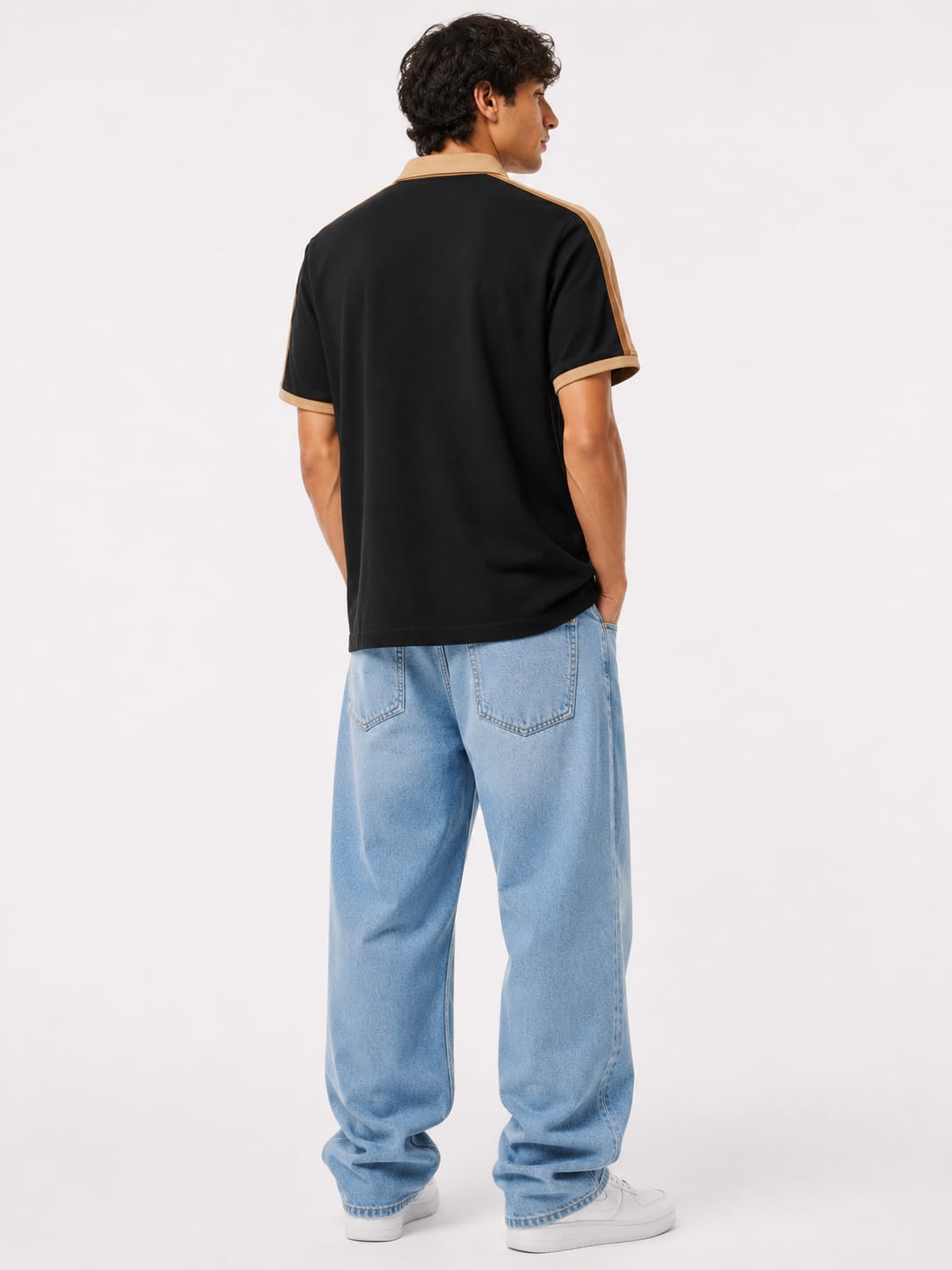 Men's Contrast Trim Polo T-Shirt – Black & Beige - Image 2