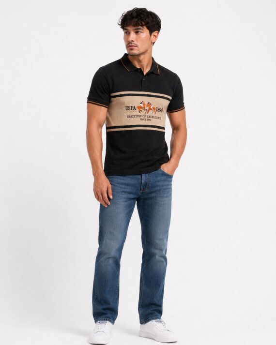 USPA Heritage Chest Stripe Polo T-Shirt – Black & Sand