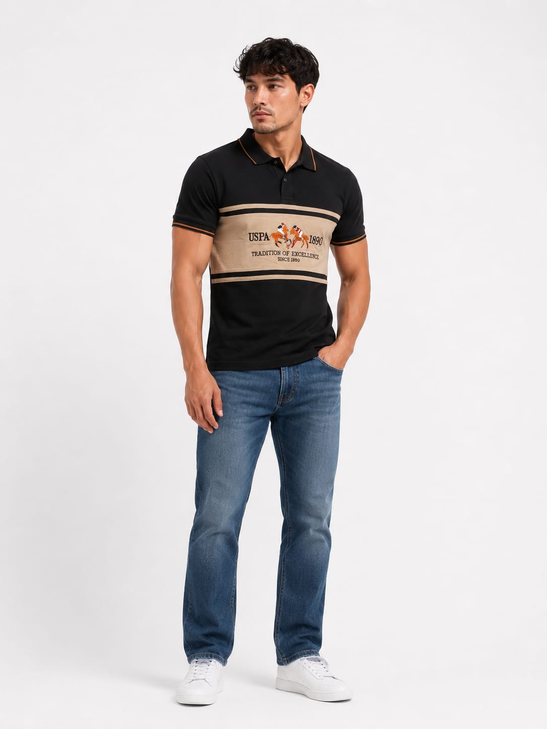 USPA Heritage Chest Stripe Polo T-Shirt – Black & Sand
