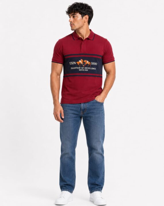 USPA Heritage Signature Chest Panel Polo T-Shirt – Burgundy & Navy