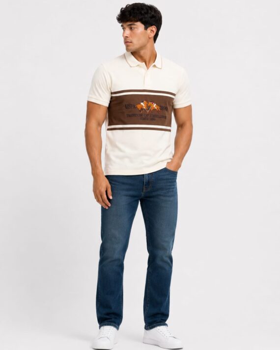 USPA Heritage Chest Panel Polo T-Shirt – Ivory & Brown