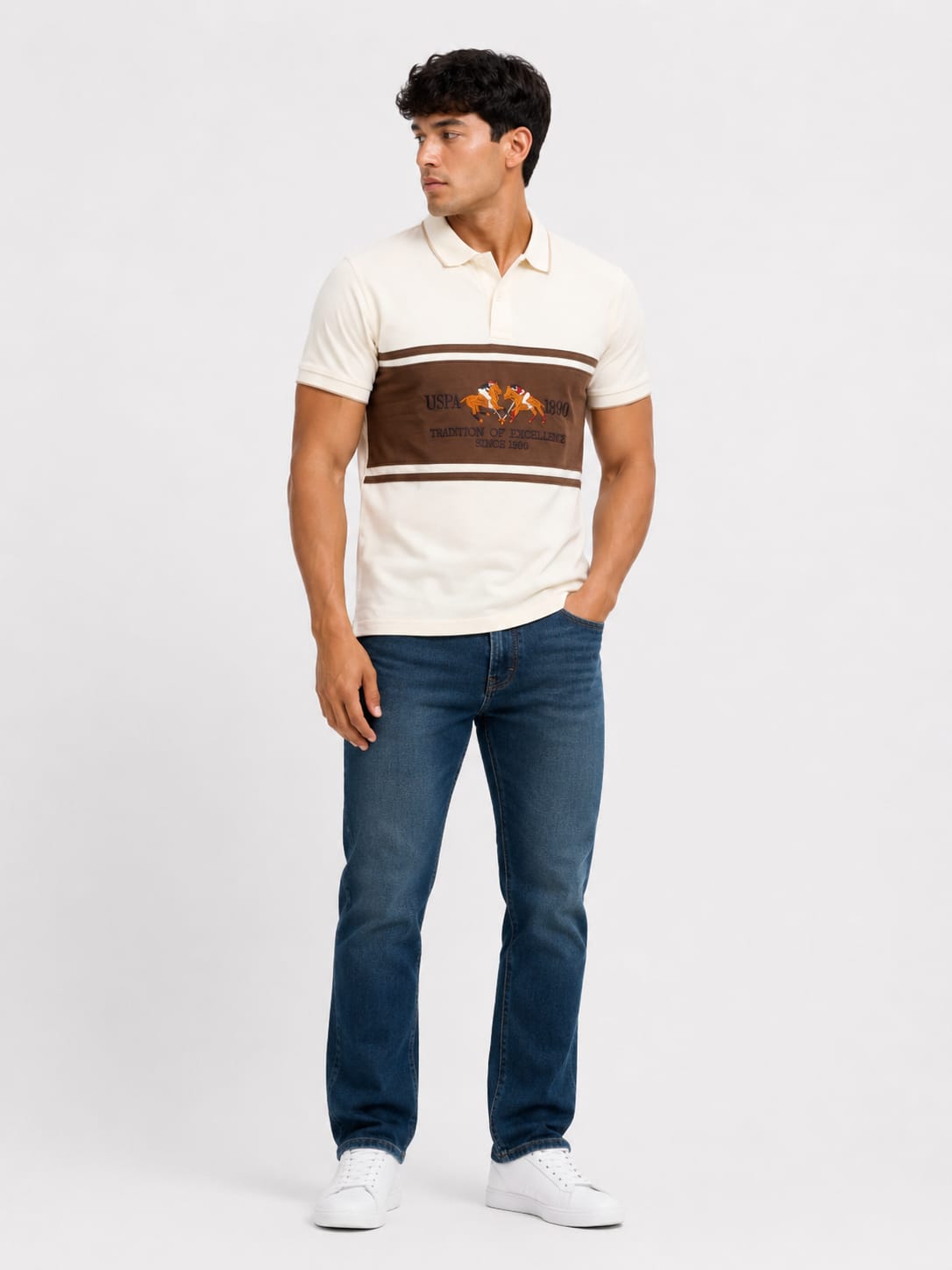 USPA Heritage Chest Panel Polo T-Shirt – Ivory & Brown