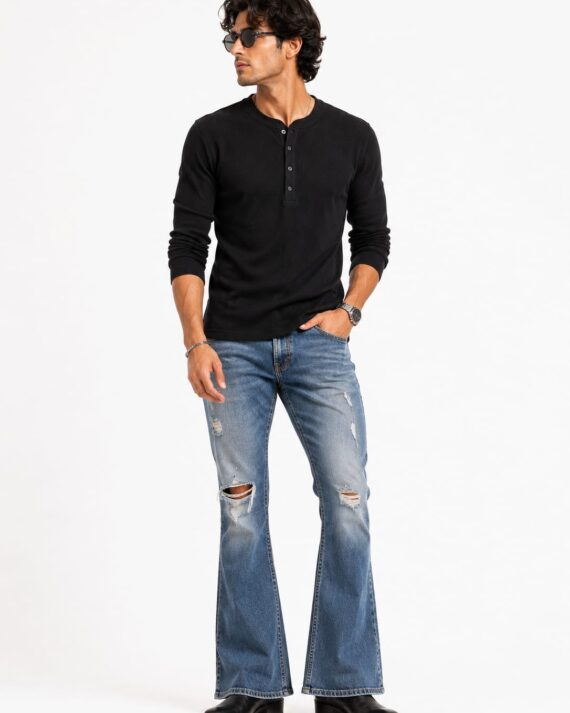 Men’s Black Ribbed Henley Full Sleeve T-Shirt