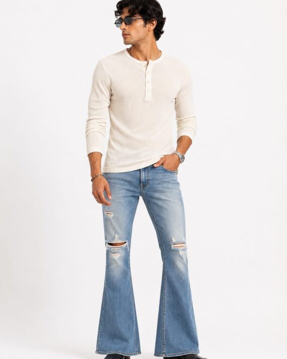 Men’s Off-White Ribbed Henley Full Sleeve T-Shirt